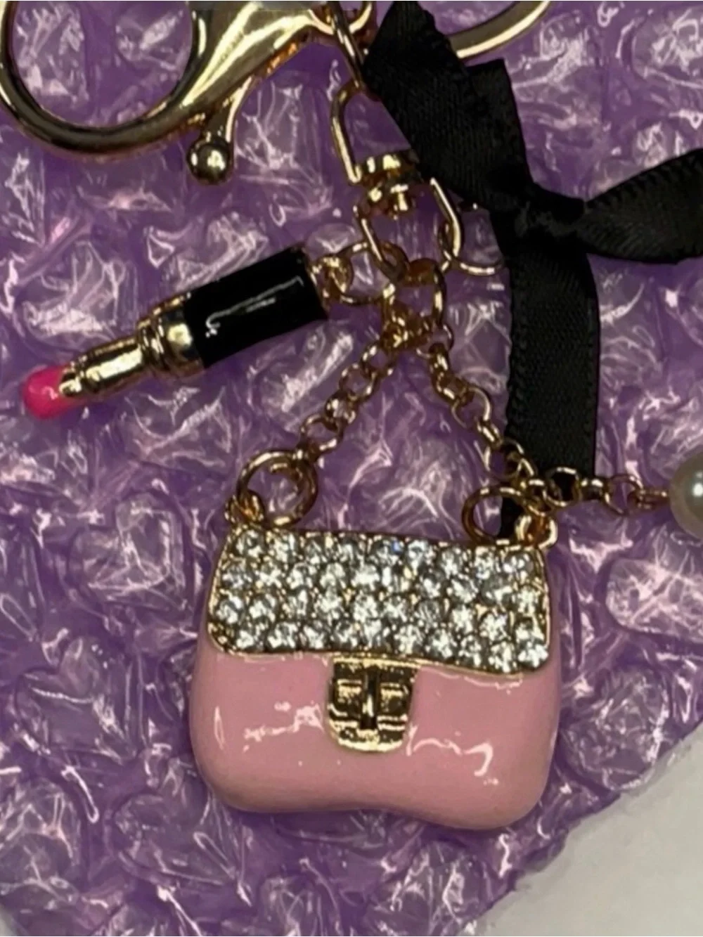 Pink Rhinestone Mini Purse Bag Charm Keychain Black Bow Lipstick Pearl NIP